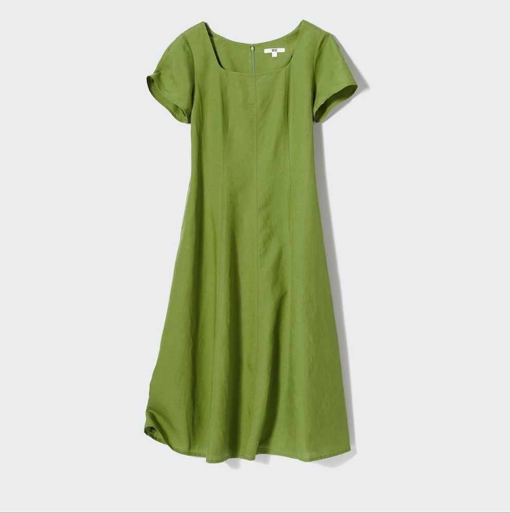 Linen Blend Square Neck Short-Sleeve Dress